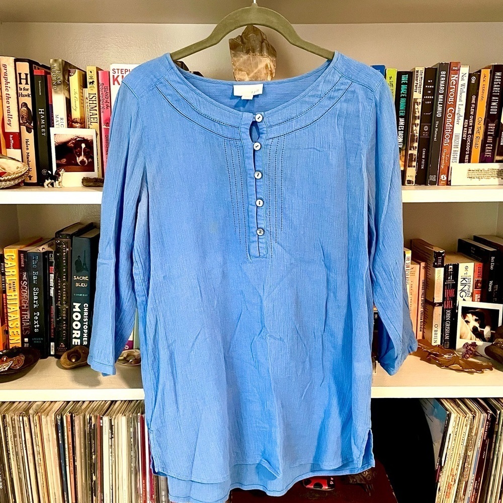 J. Jill Blue Cotton Tunic Top XS Petite Boho Casual Cottagecore Peasant Blouse